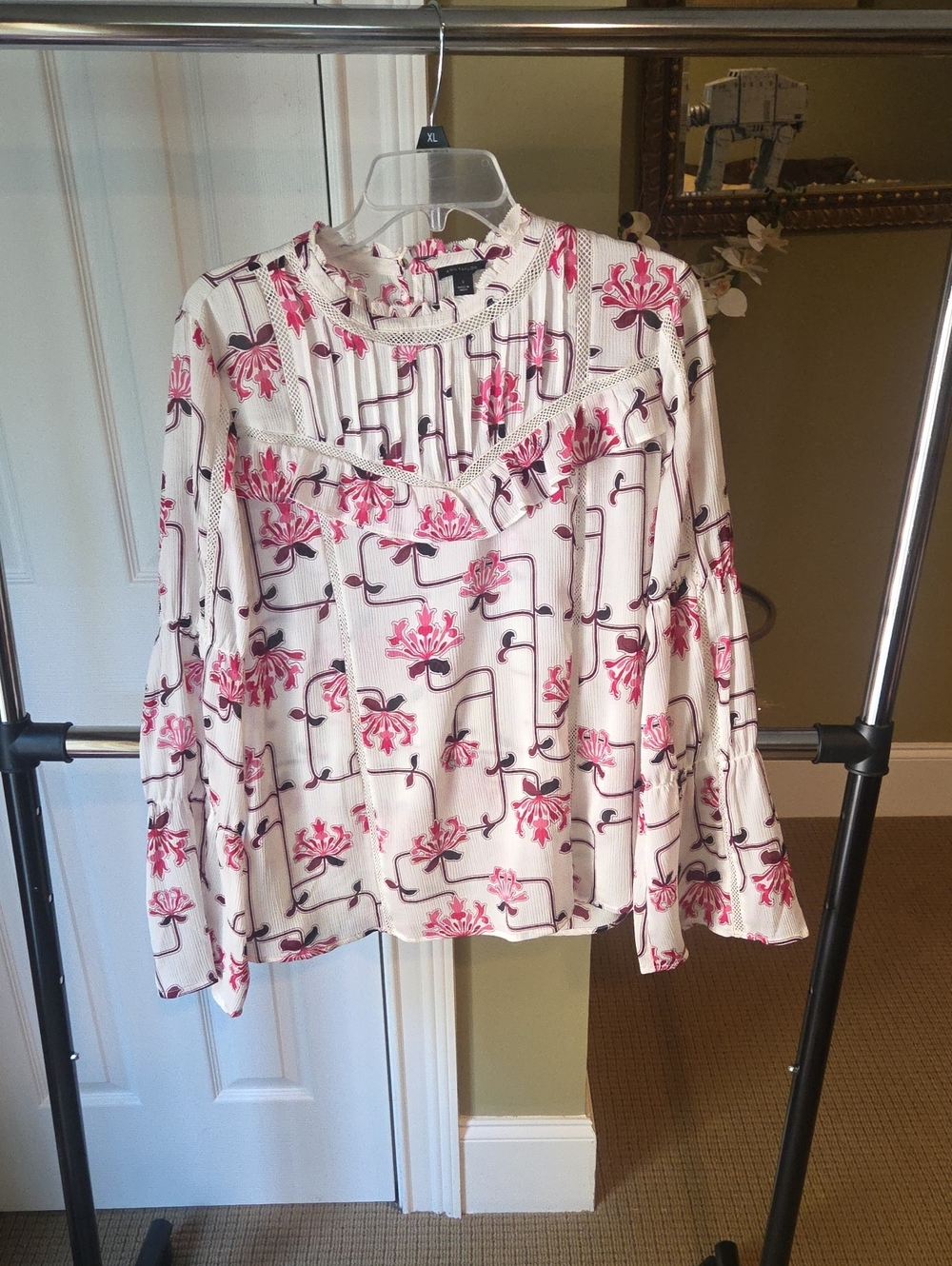 Ann Taylor Cream Blouse with Pink Floral and Black Trim